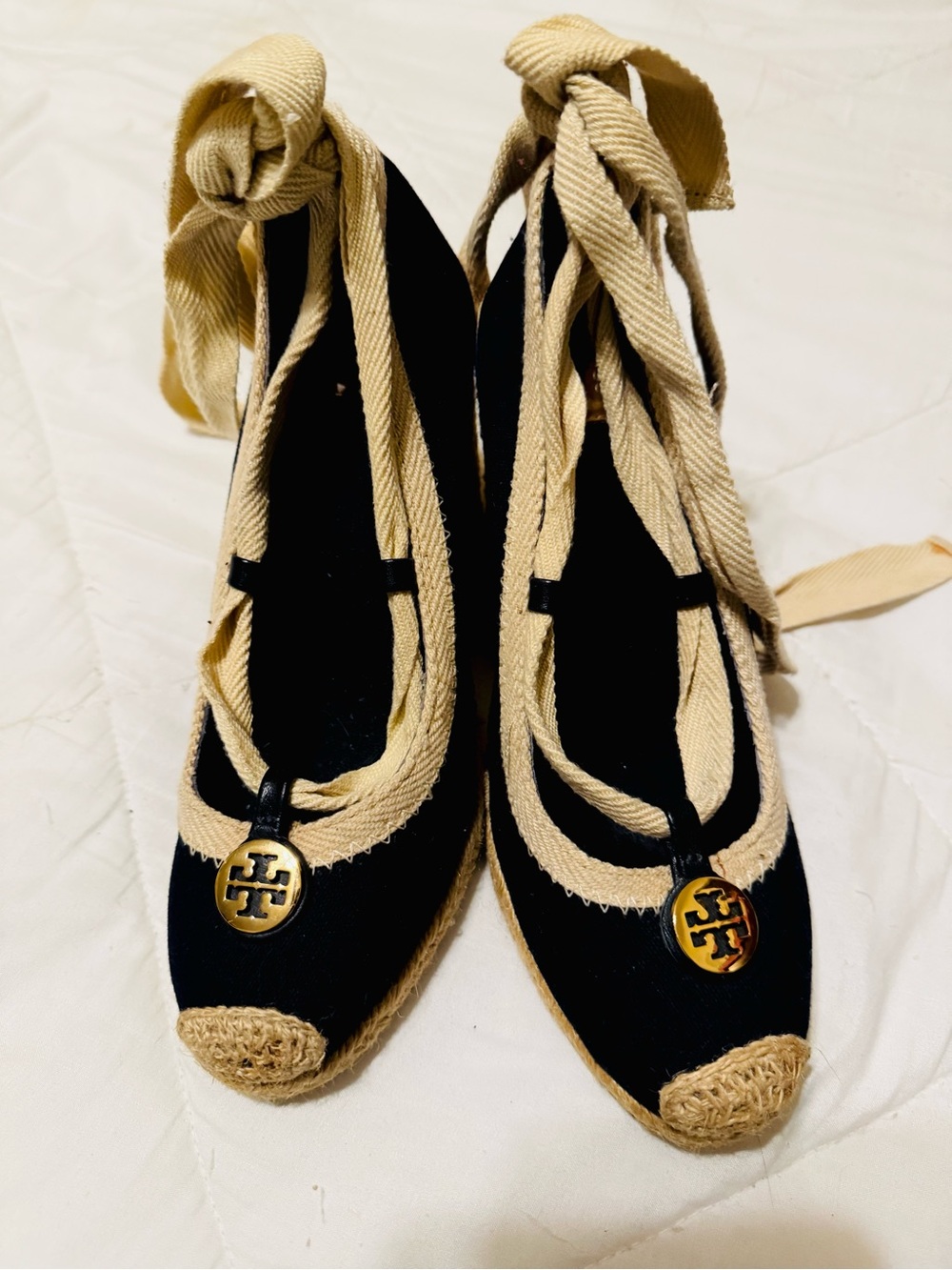 Tory Burch Wedge Espadrille Navy Blue Ankle Tie - Picture 3 of 9